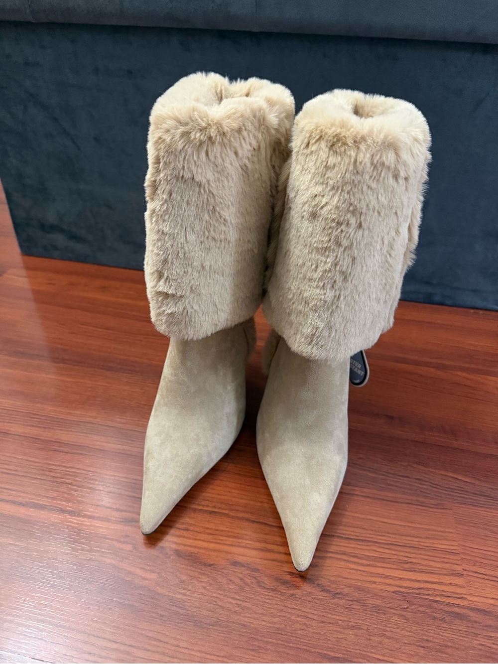 Jeffrey Campbell Faux Fur Cuff Pointed Toe Heeled Boots in Beige